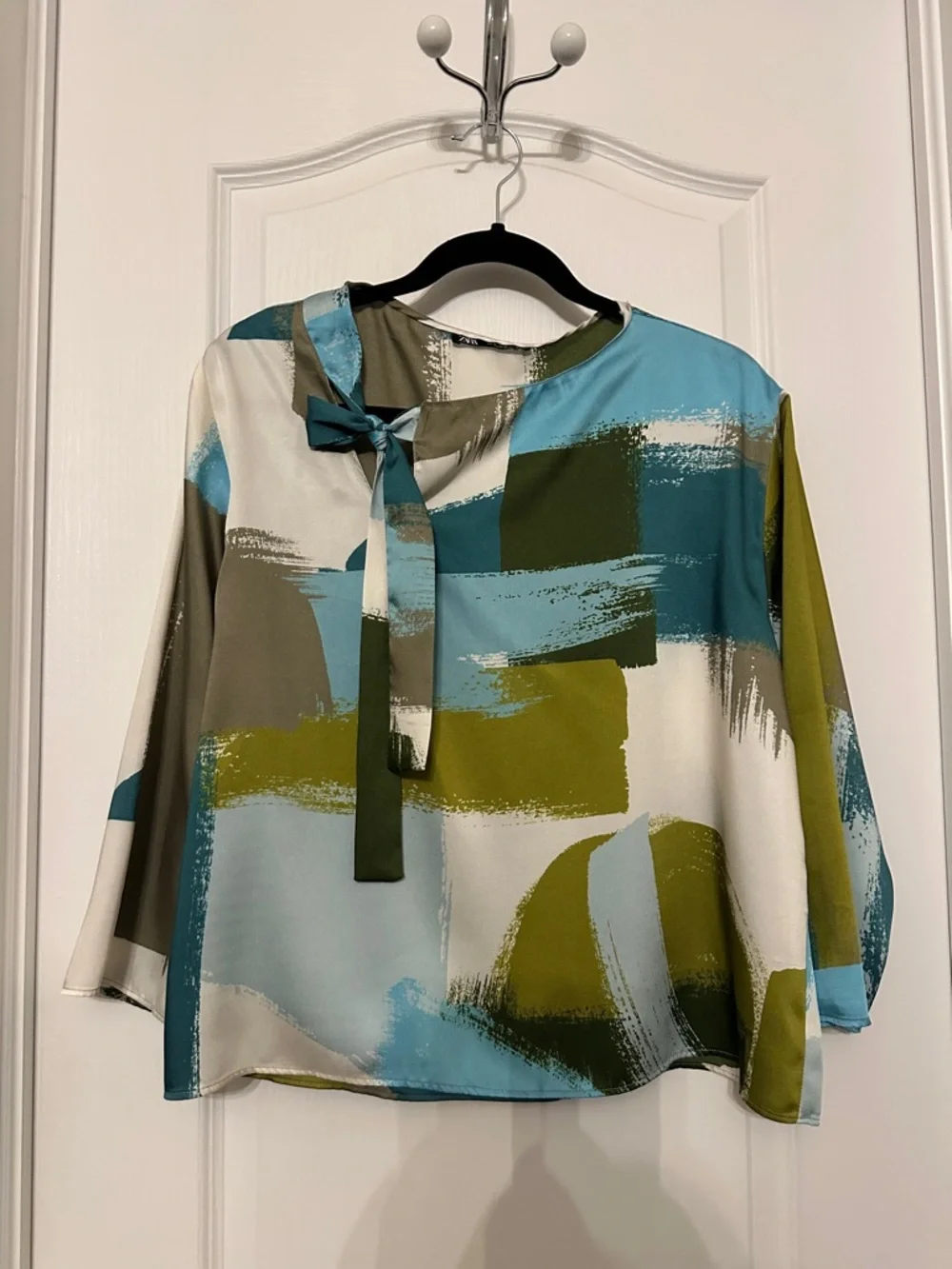 Zara Abstract Brushstroke Tie-Neck Top in Teal, Olive & Cream - Picture 2 of 4